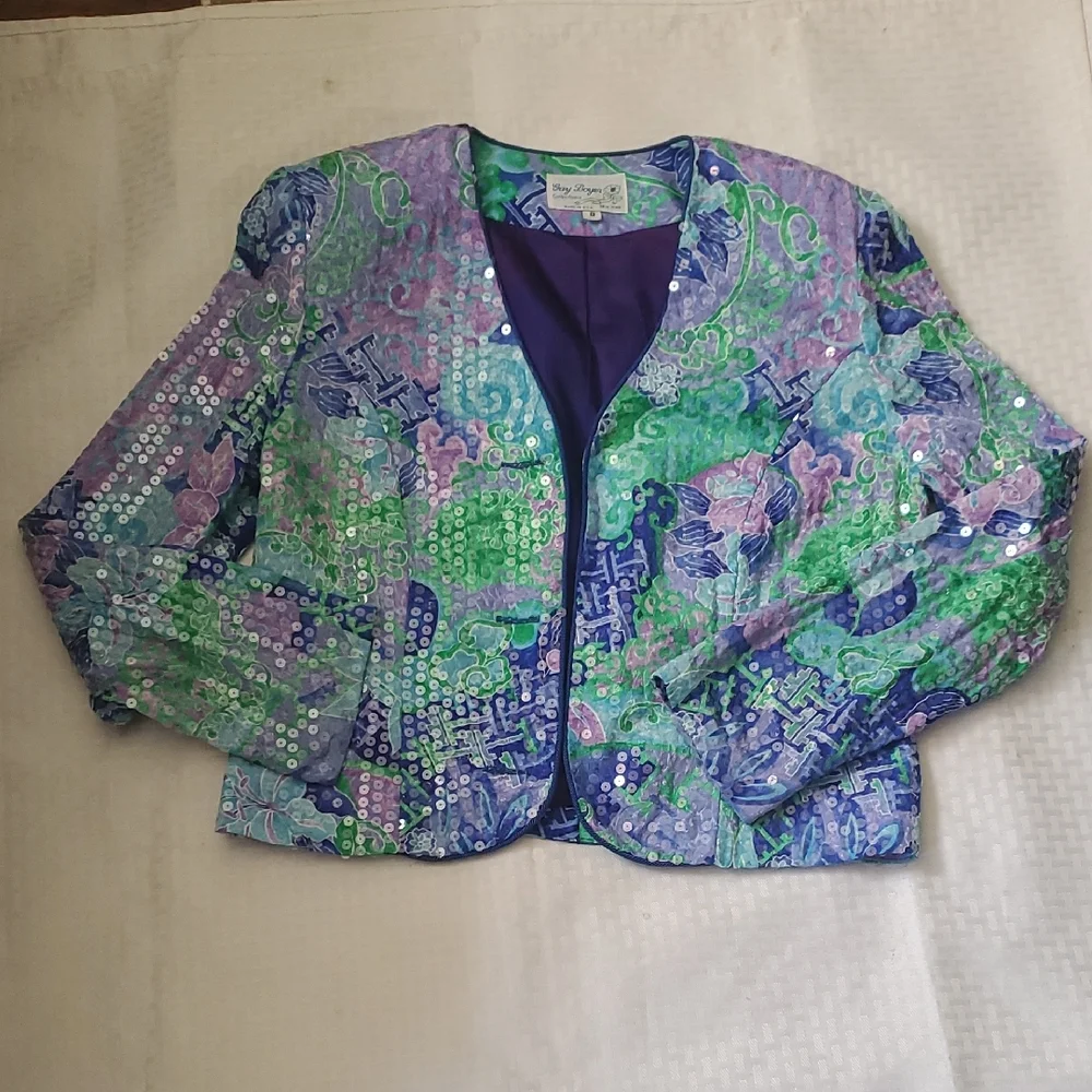 Vtg Sequin-Embellished Lavender & Aqua Women's Blazer - Picture 14 of 17